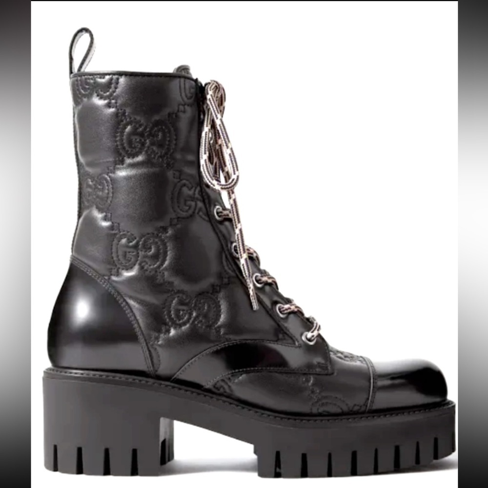 Gucci Black Combat Boots with Chunky Sole, Zipper and Lace-Up Design, 37.5EU